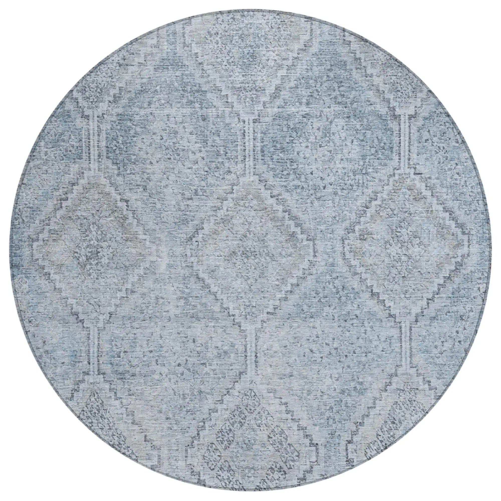 8' Sky Blue And Blue Round Geometric Washable Indoor Outdoor Area Rug Homeroots Outdoor