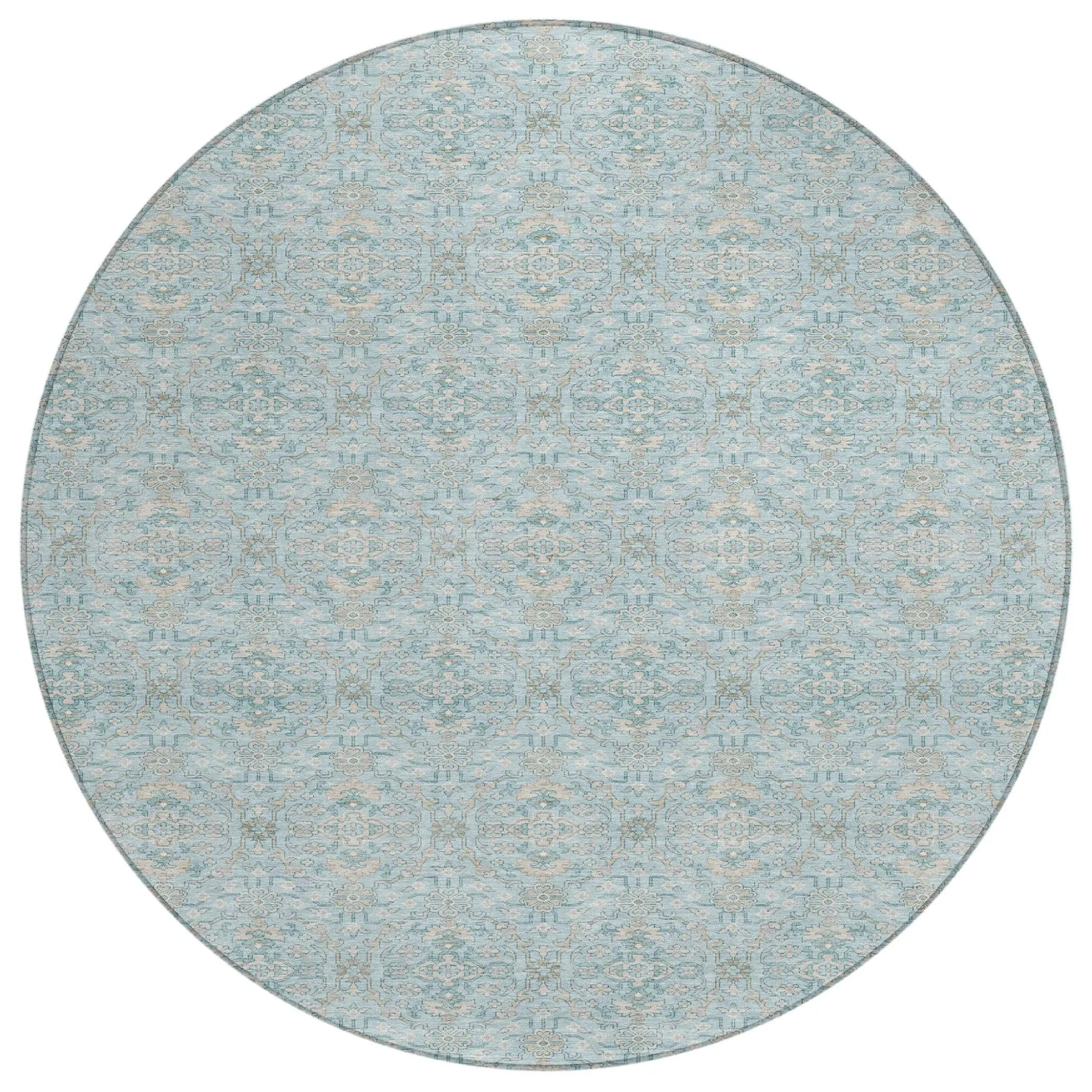 8' Sky Blue And Blue Round Oriental Washable Indoor Outdoor Area Rug Homeroots Outdoor