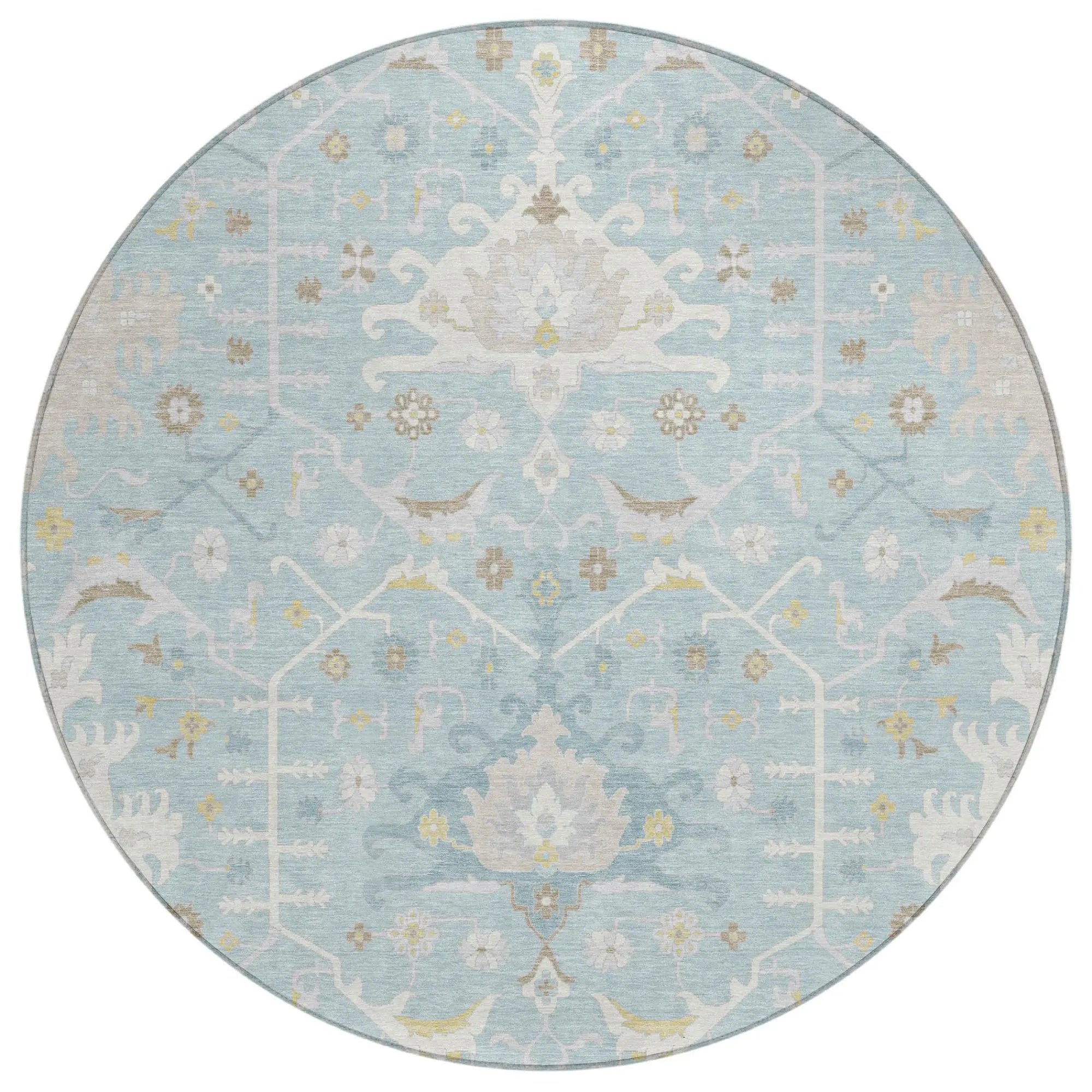 8' Sky Blue And Blue Round Oriental Washable Indoor Outdoor Area Rug Homeroots Outdoor