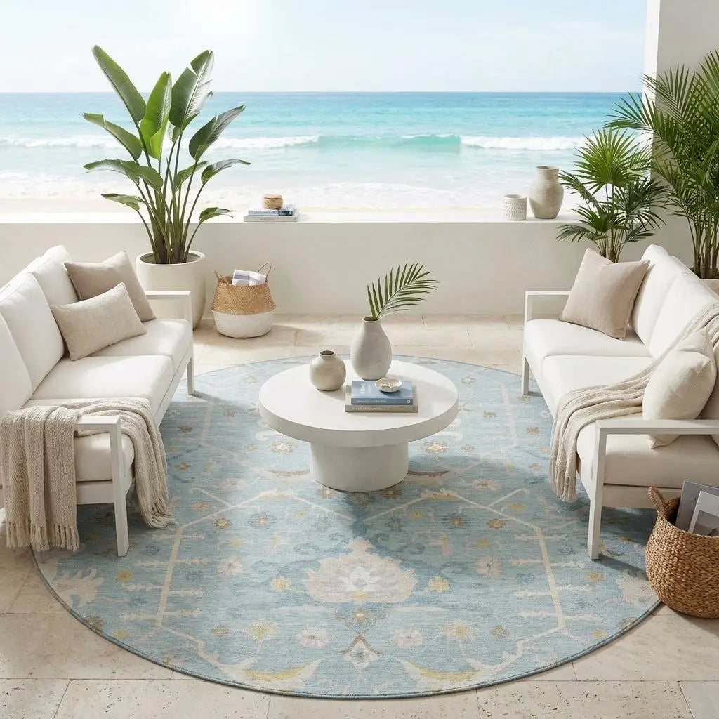 8' Sky Blue And Blue Round Oriental Washable Indoor Outdoor Area Rug Homeroots Outdoor