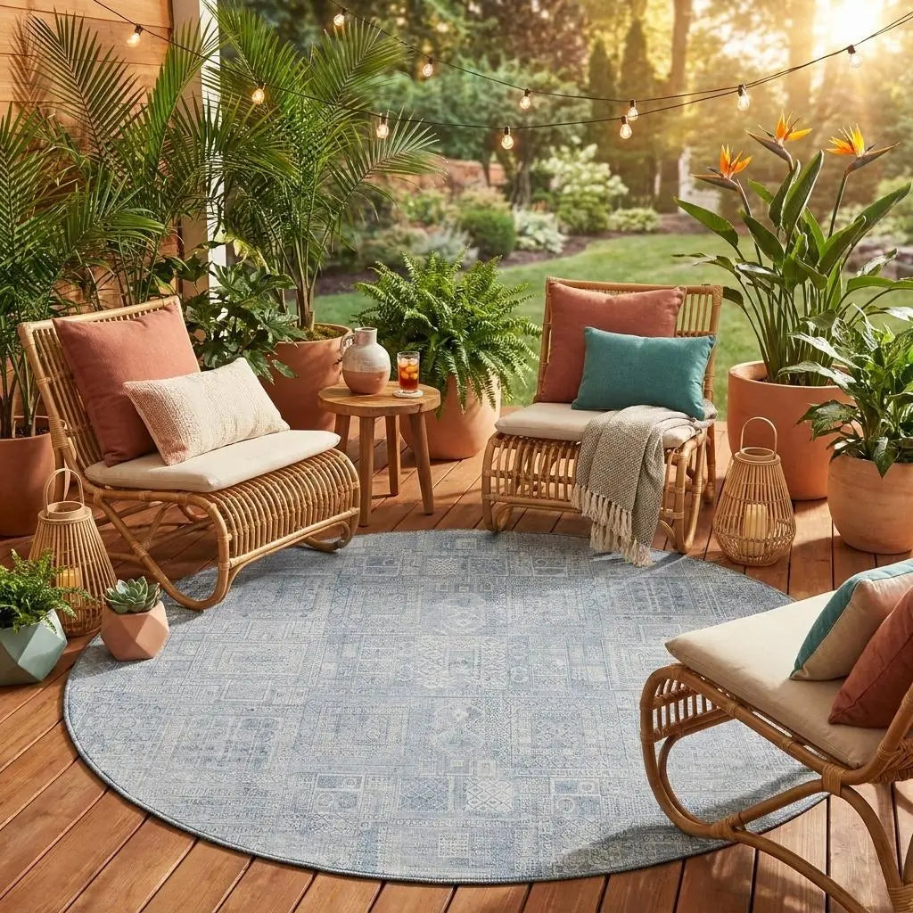 8' Sky Blue And Blue Round Oriental Washable Indoor Outdoor Area Rug Homeroots Outdoor