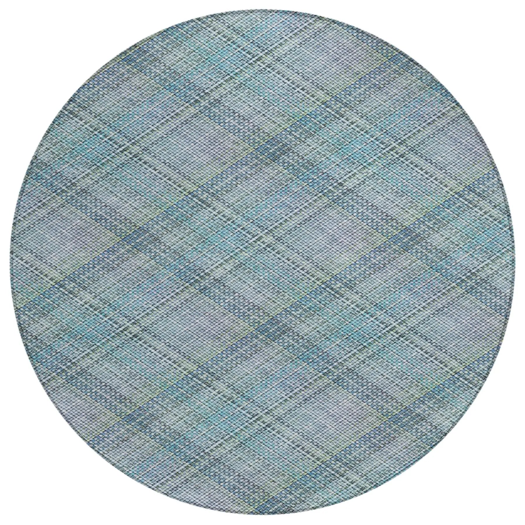 8' Sky Blue And Blue Round Plaid Washable Indoor Outdoor Area Rug Homeroots Outdoor