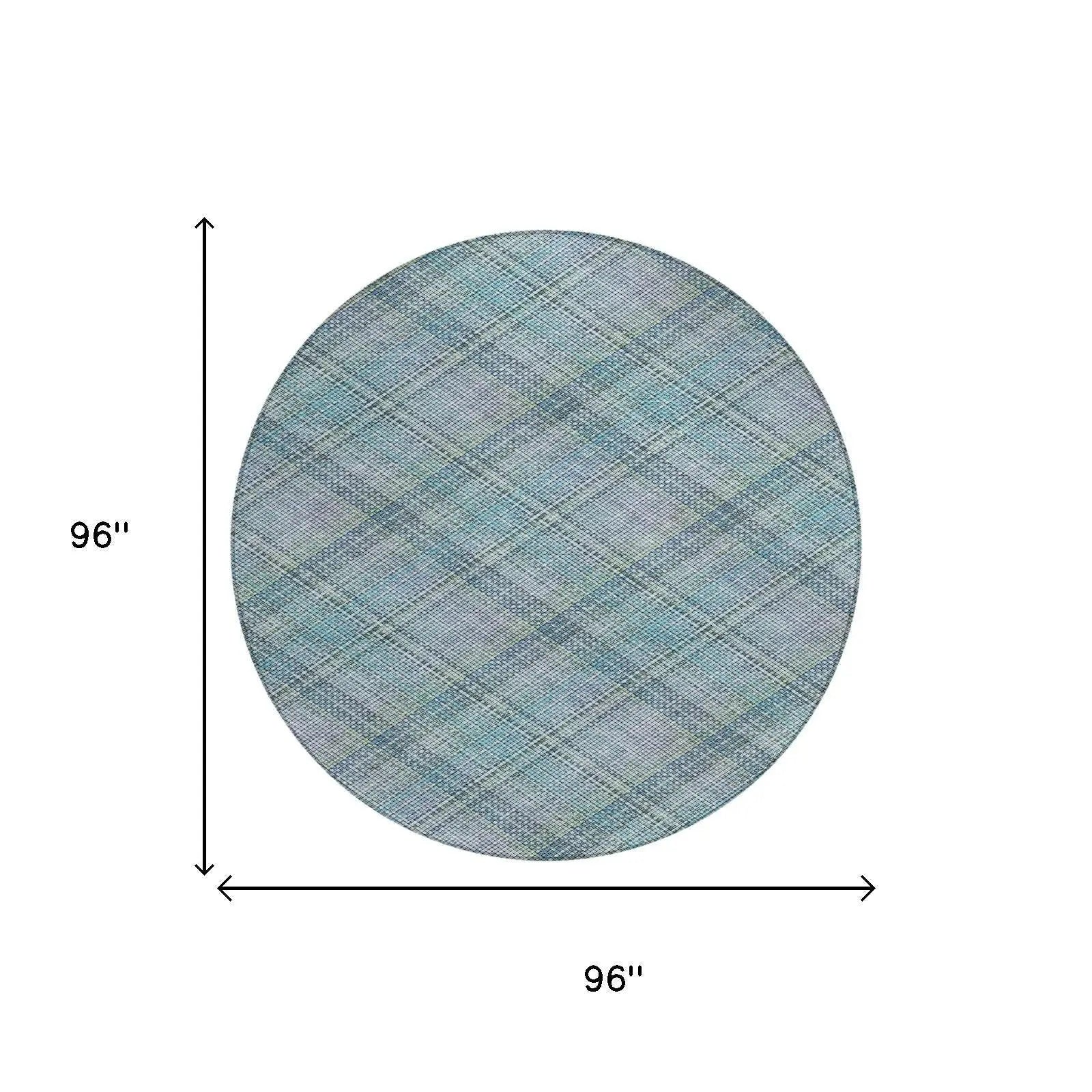 8' Sky Blue And Blue Round Plaid Washable Indoor Outdoor Area Rug Homeroots Outdoor