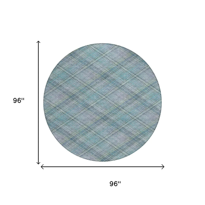 8' Sky Blue And Blue Round Plaid Washable Indoor Outdoor Area Rug Homeroots Outdoor