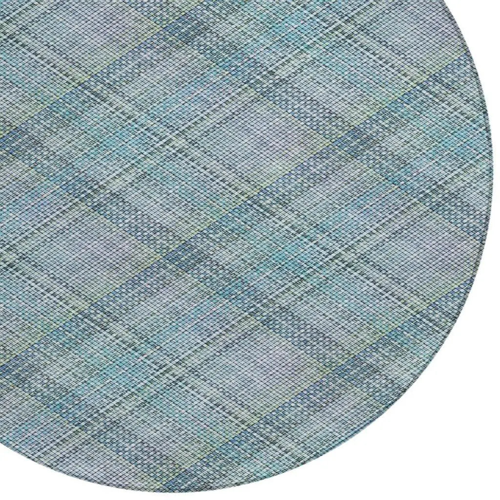 8' Sky Blue And Blue Round Plaid Washable Indoor Outdoor Area Rug Homeroots Outdoor
