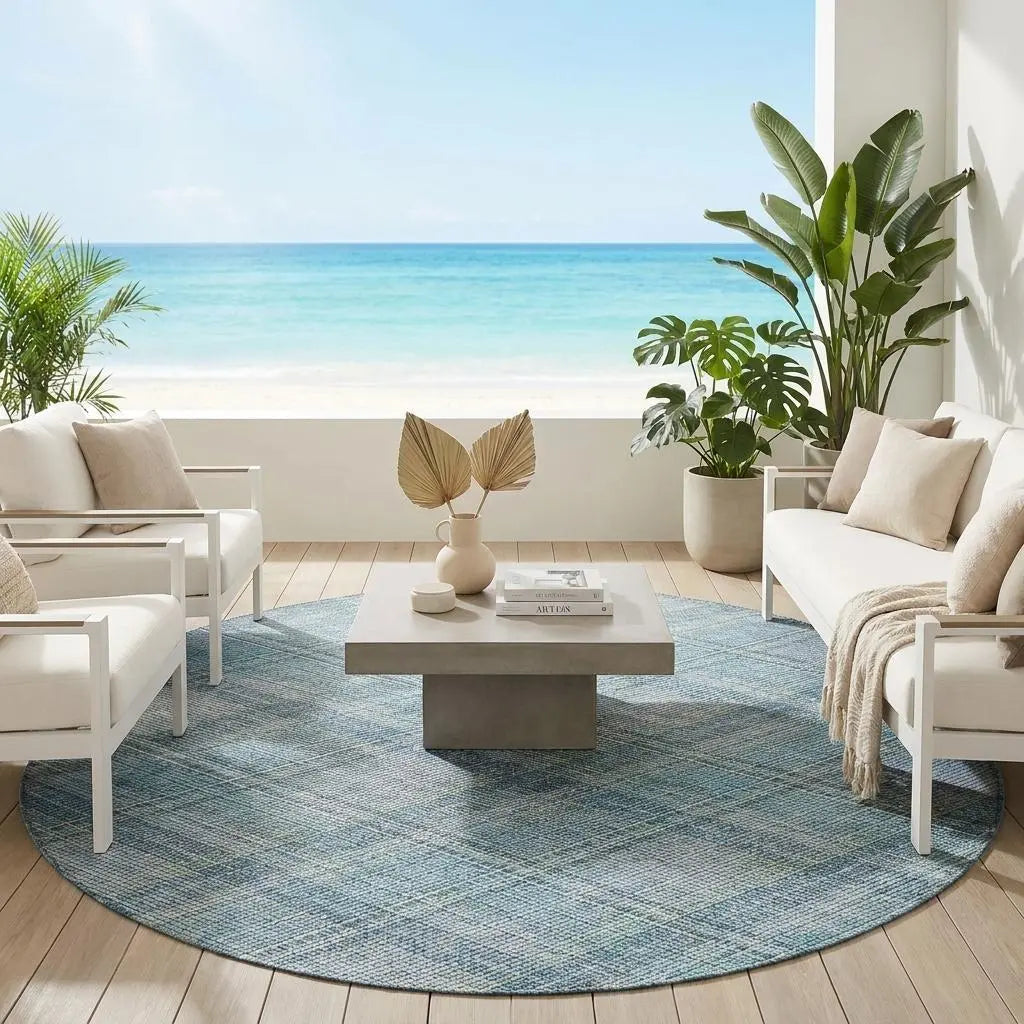8' Sky Blue And Blue Round Plaid Washable Indoor Outdoor Area Rug Homeroots Outdoor
