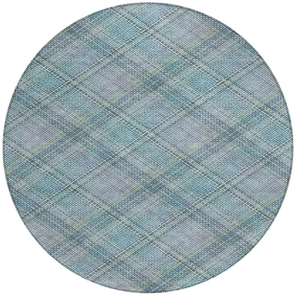 8' Sky Blue And Blue Round Plaid Washable Indoor Outdoor Area Rug Homeroots Outdoor