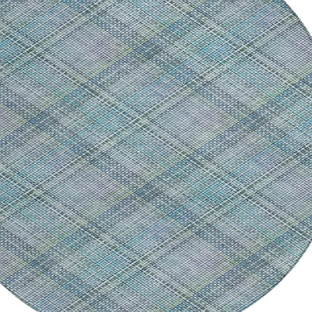8' Sky Blue And Blue Round Plaid Washable Indoor Outdoor Area Rug Homeroots Outdoor