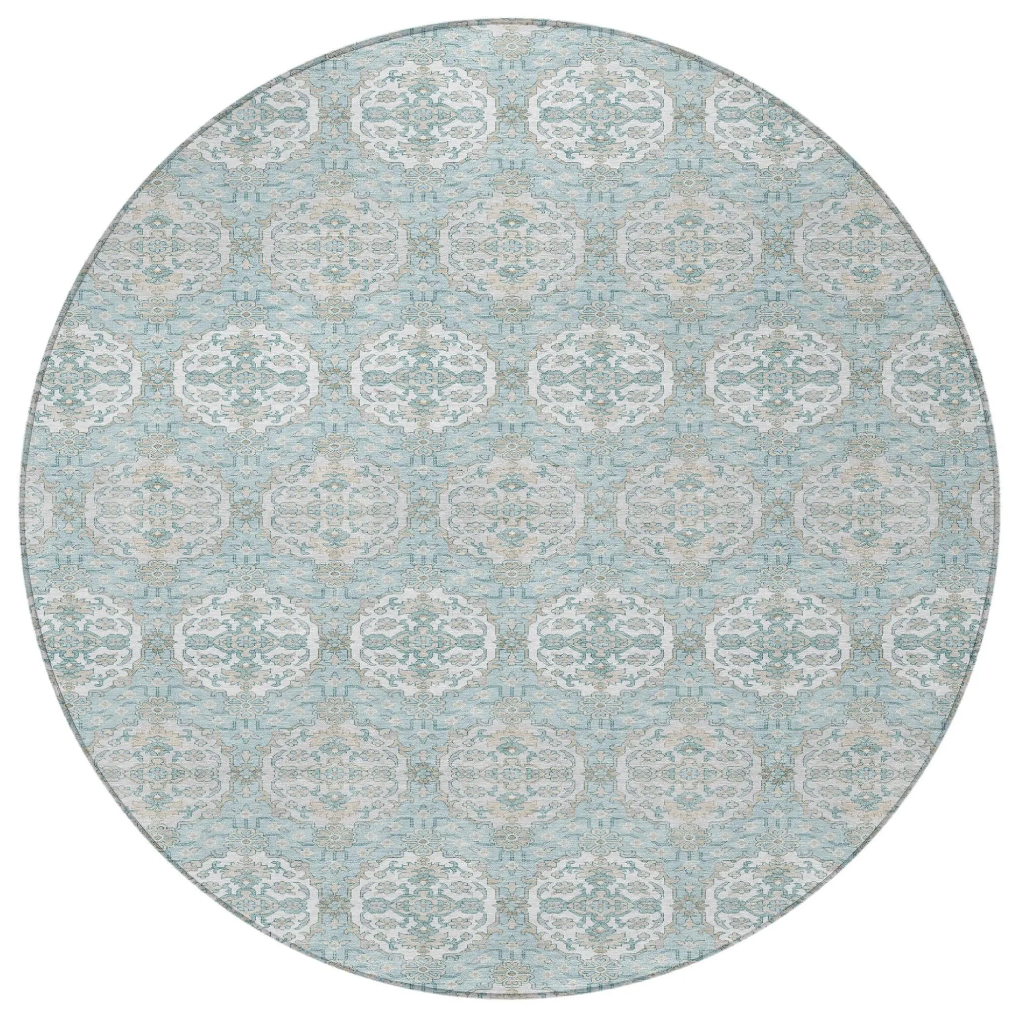 8' Sky Blue And Blue Round Striped Washable Indoor Outdoor Area Rug Homeroots Outdoor