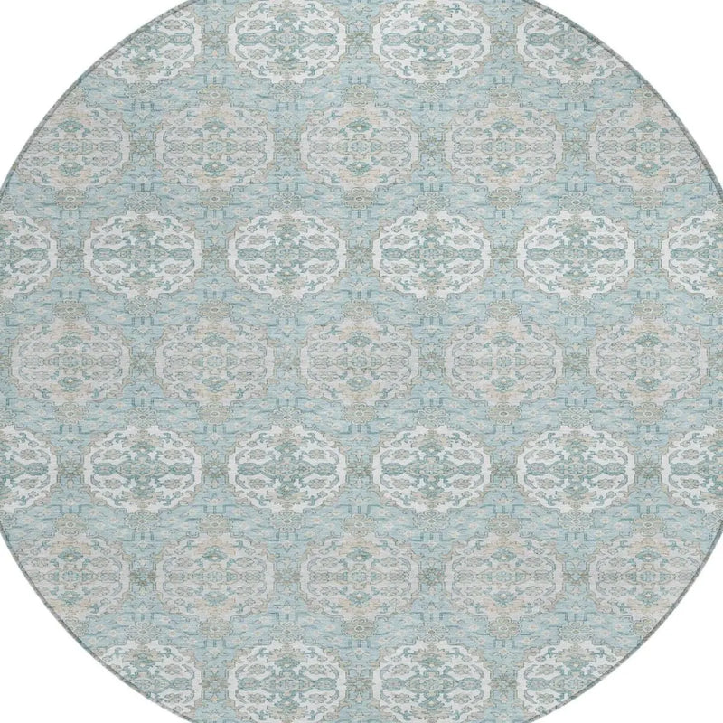 8' Sky Blue And Blue Round Striped Washable Indoor Outdoor Area Rug Homeroots Outdoor