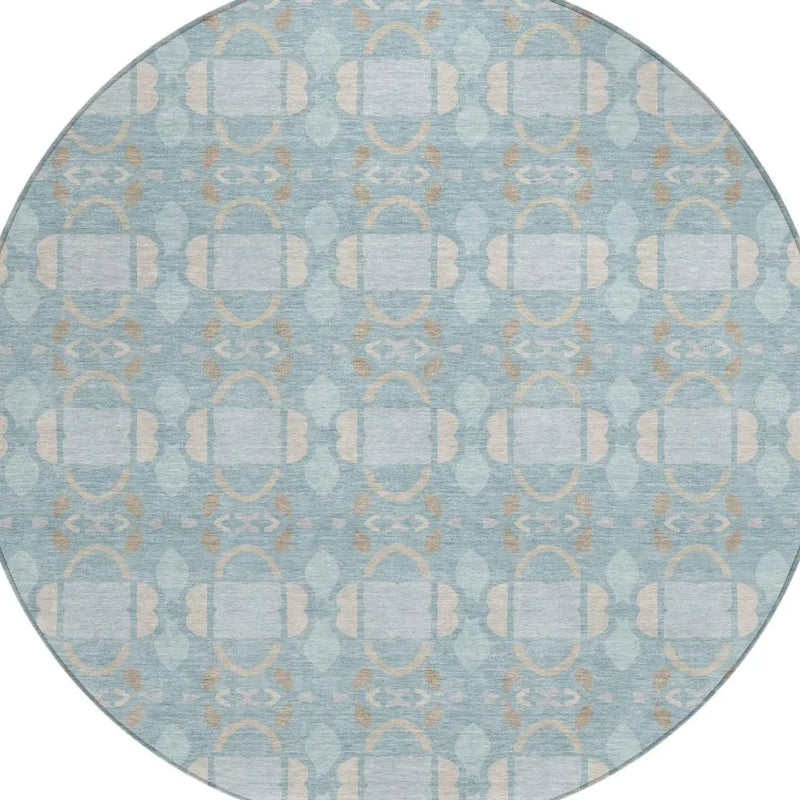 8' Sky Blue And Blue Round Striped Washable Indoor Outdoor Area Rug Homeroots Outdoor