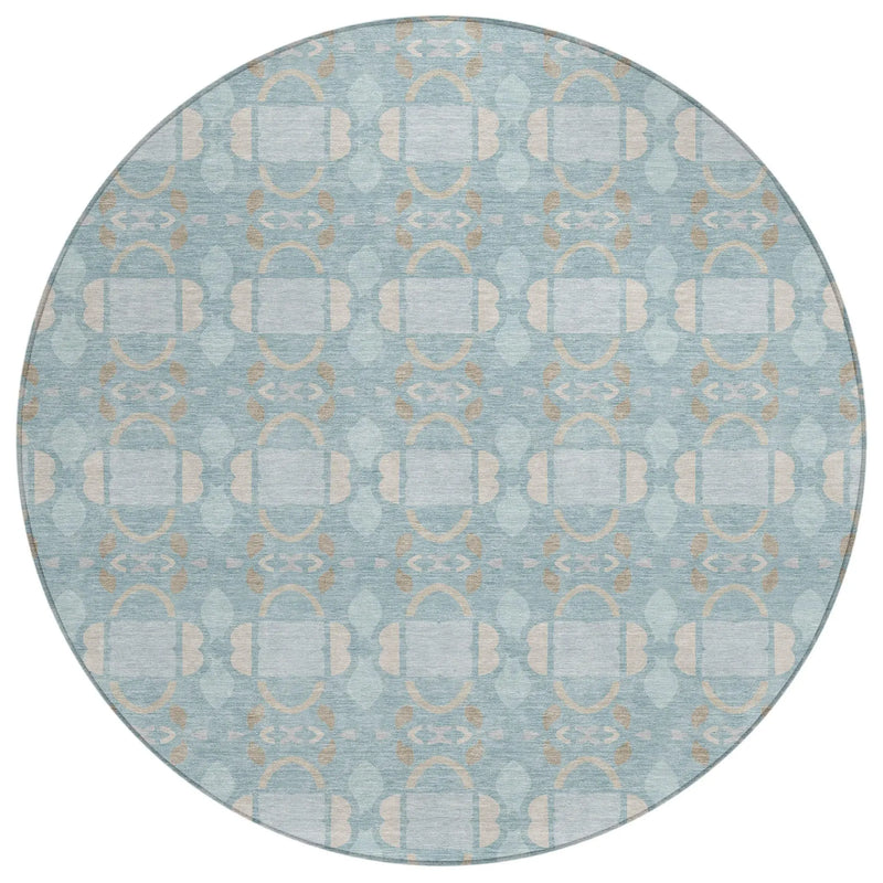 8' Sky Blue And Blue Round Striped Washable Indoor Outdoor Area Rug Homeroots Outdoor