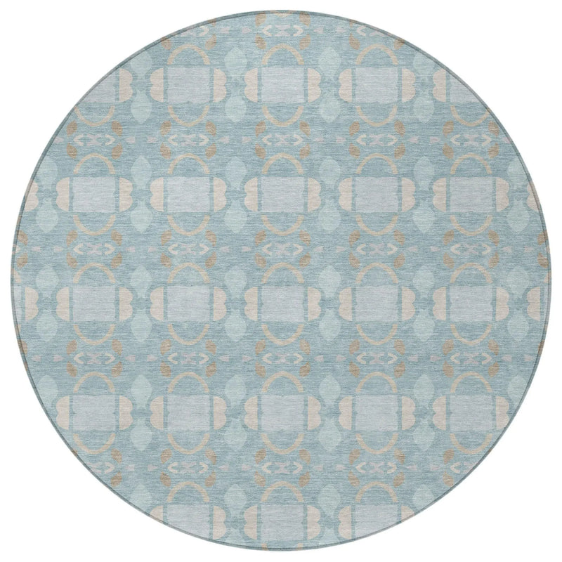 8' Sky Blue And Blue Round Striped Washable Indoor Outdoor Area Rug Homeroots Outdoor