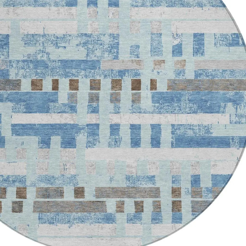 8' Sky Blue And Blue Round Striped Washable Indoor Outdoor Area Rug Homeroots Outdoor