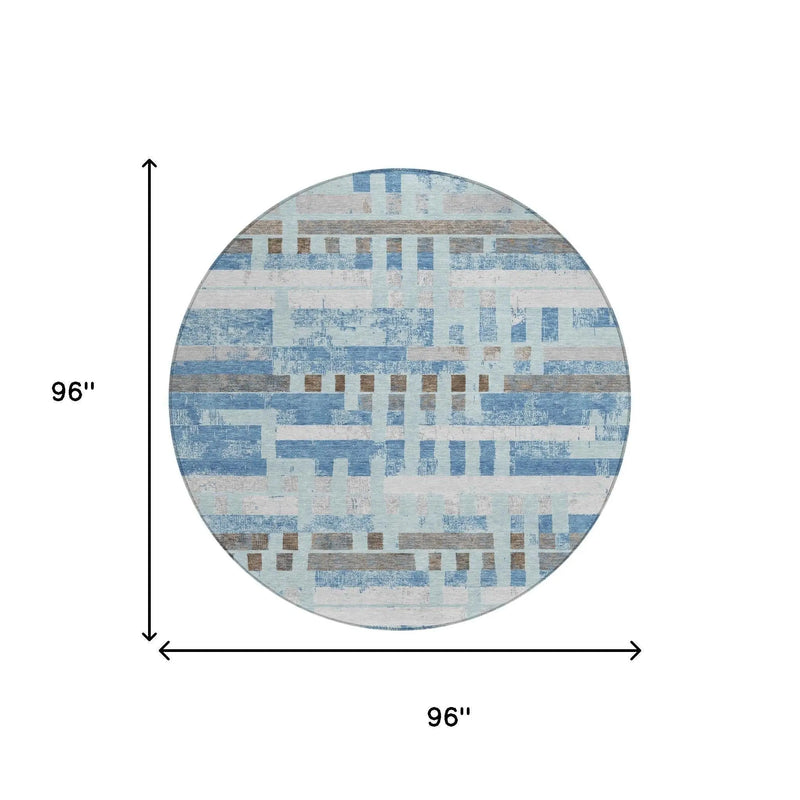 8' Sky Blue And Blue Round Striped Washable Indoor Outdoor Area Rug Homeroots Outdoor