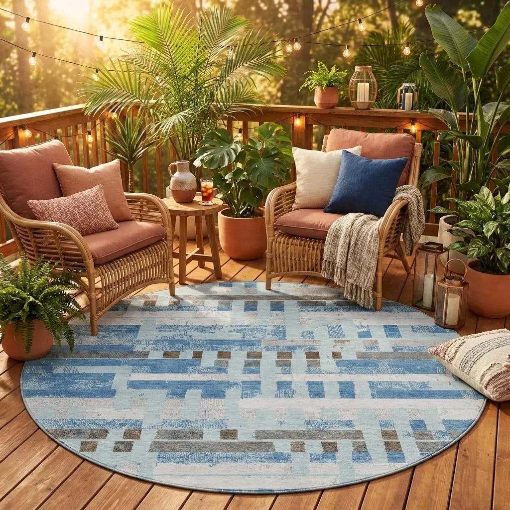 8' Sky Blue And Blue Round Striped Washable Indoor Outdoor Area Rug Homeroots Outdoor