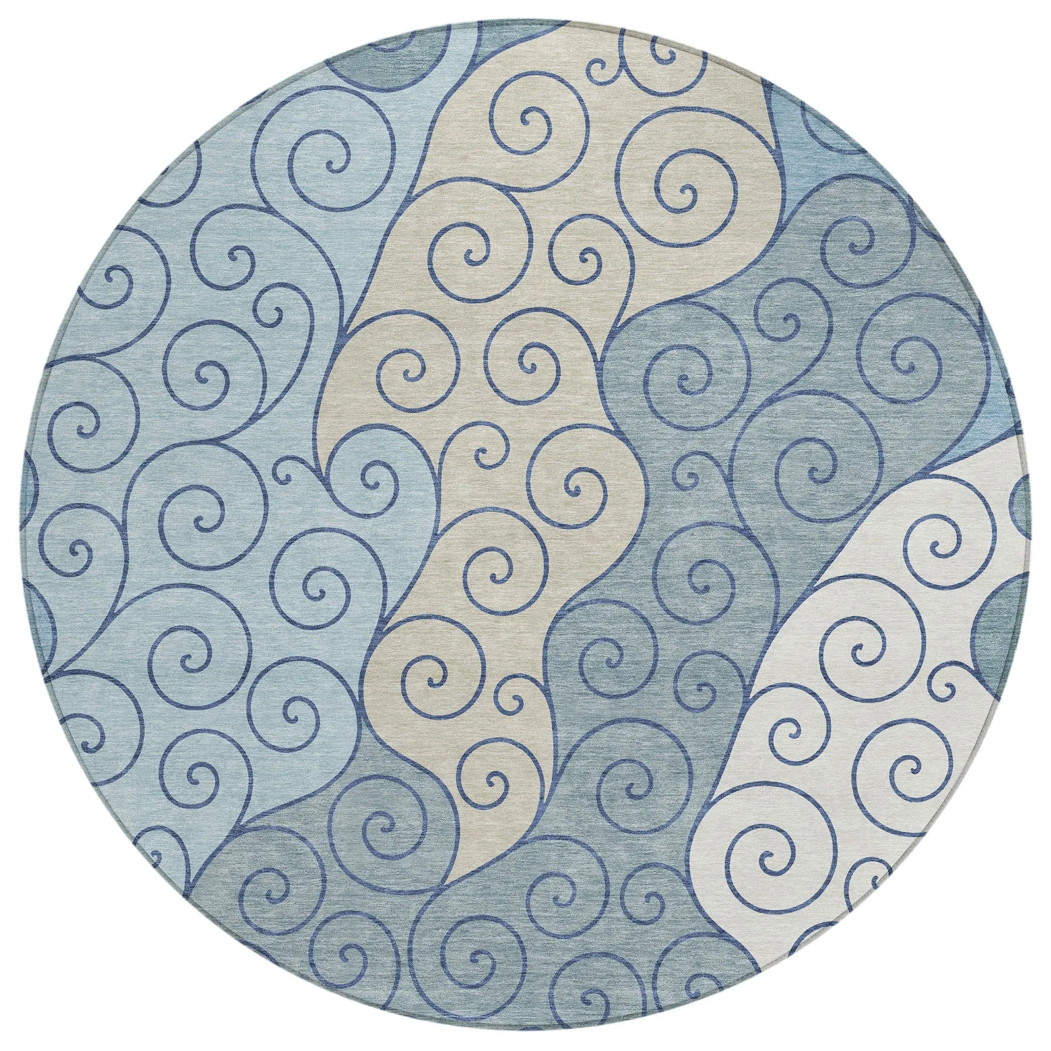 8' Sky Blue And Denim Blue Round Abstract Washable Indoor Outdoor Area Rug Homeroots Outdoor