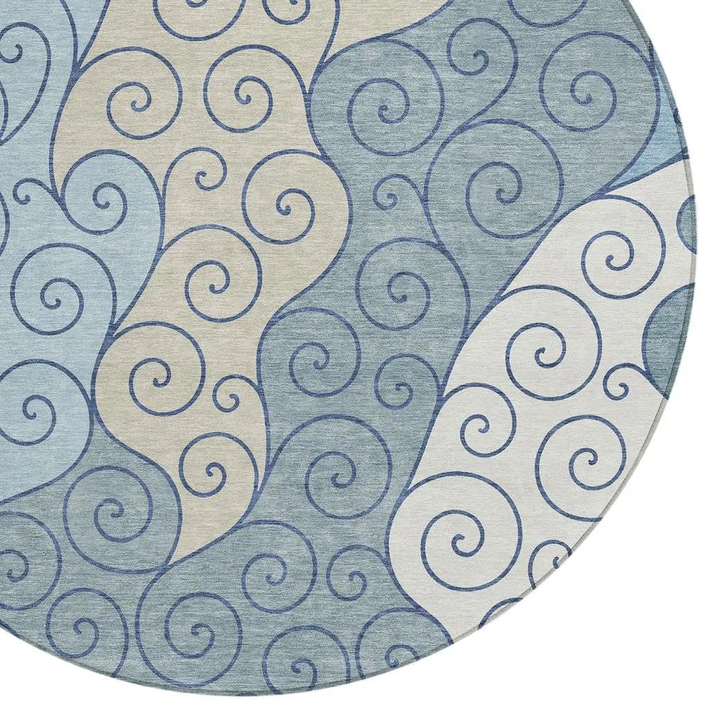 8' Sky Blue And Denim Blue Round Abstract Washable Indoor Outdoor Area Rug Homeroots Outdoor