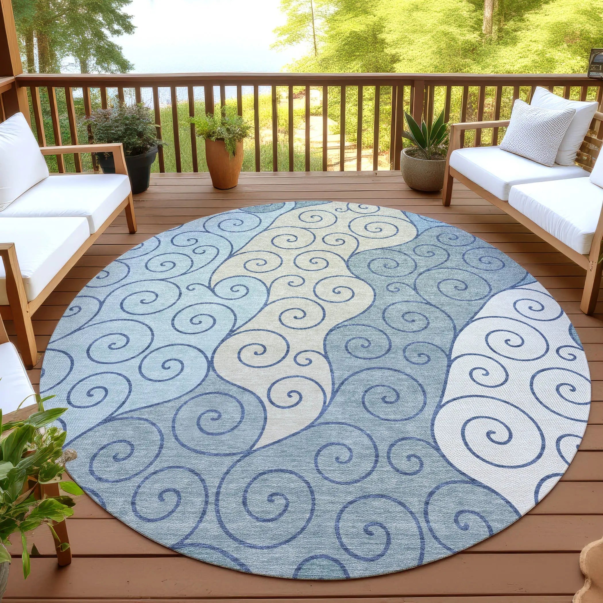8' Sky Blue And Denim Blue Round Abstract Washable Indoor Outdoor Area Rug Homeroots Outdoor