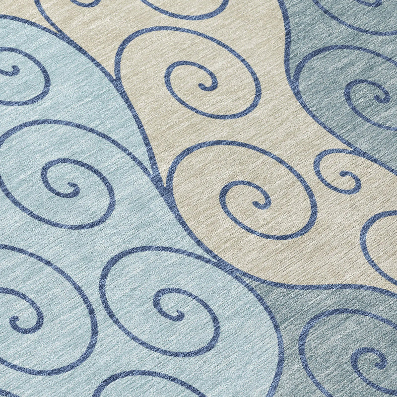 8' Sky Blue And Denim Blue Round Abstract Washable Indoor Outdoor Area Rug Homeroots Outdoor