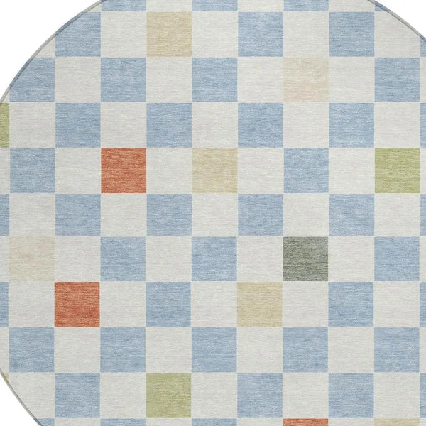 8' Sky Blue And Gray Round Geometric Washable Indoor Outdoor Area Rug Homeroots Outdoor