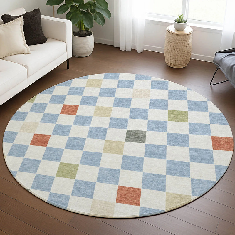 8' Sky Blue And Gray Round Geometric Washable Indoor Outdoor Area Rug Homeroots Outdoor