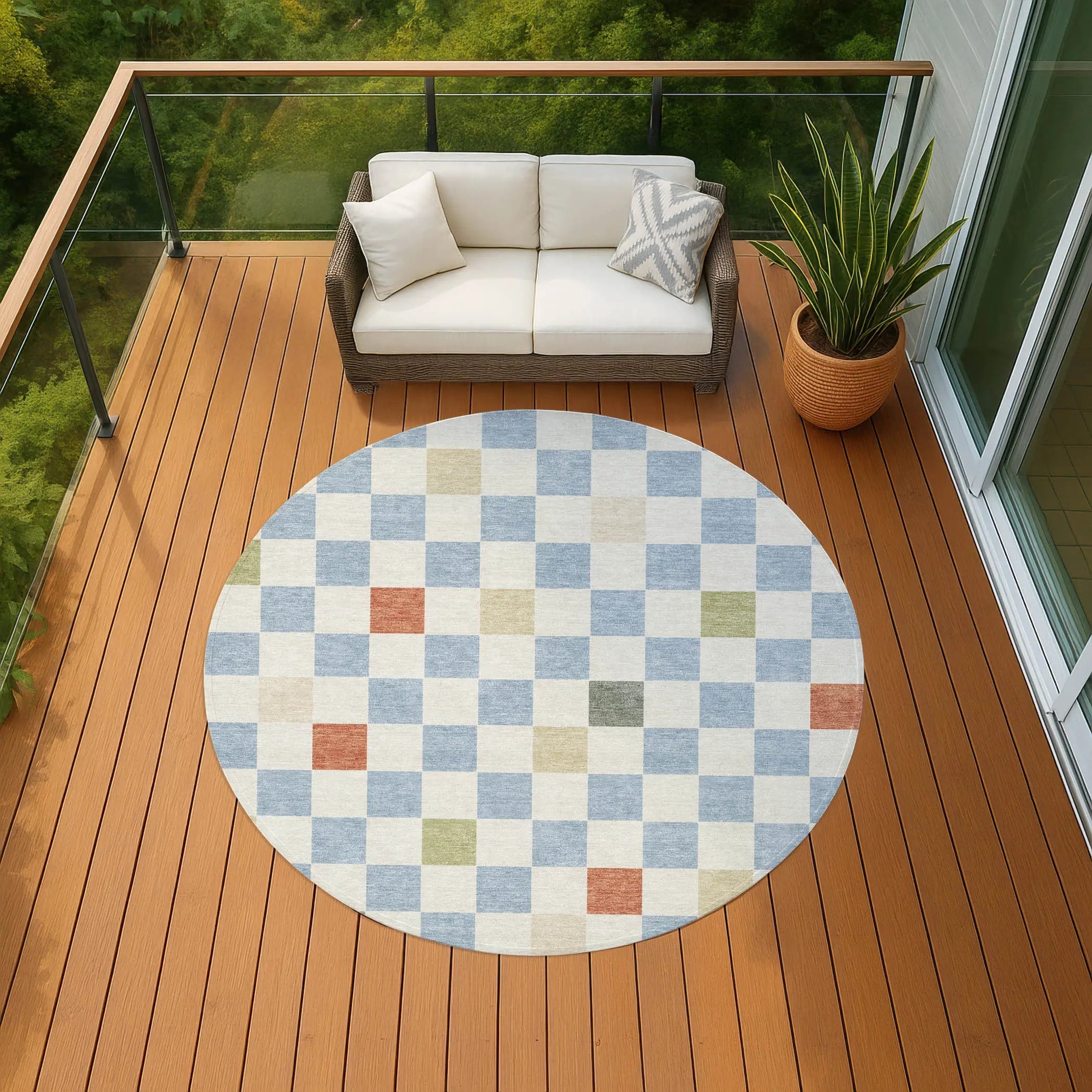8' Sky Blue And Gray Round Geometric Washable Indoor Outdoor Area Rug Homeroots Outdoor