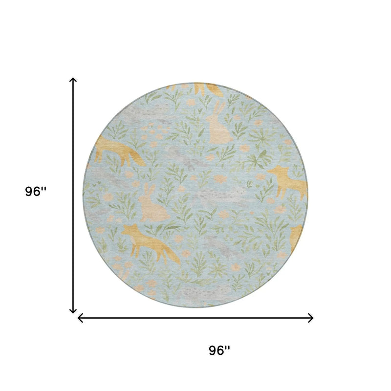 8' Sky Blue And Green Round Botanical Leaves Washable Indoor Outdoor Area Rug Homeroots Outdoor