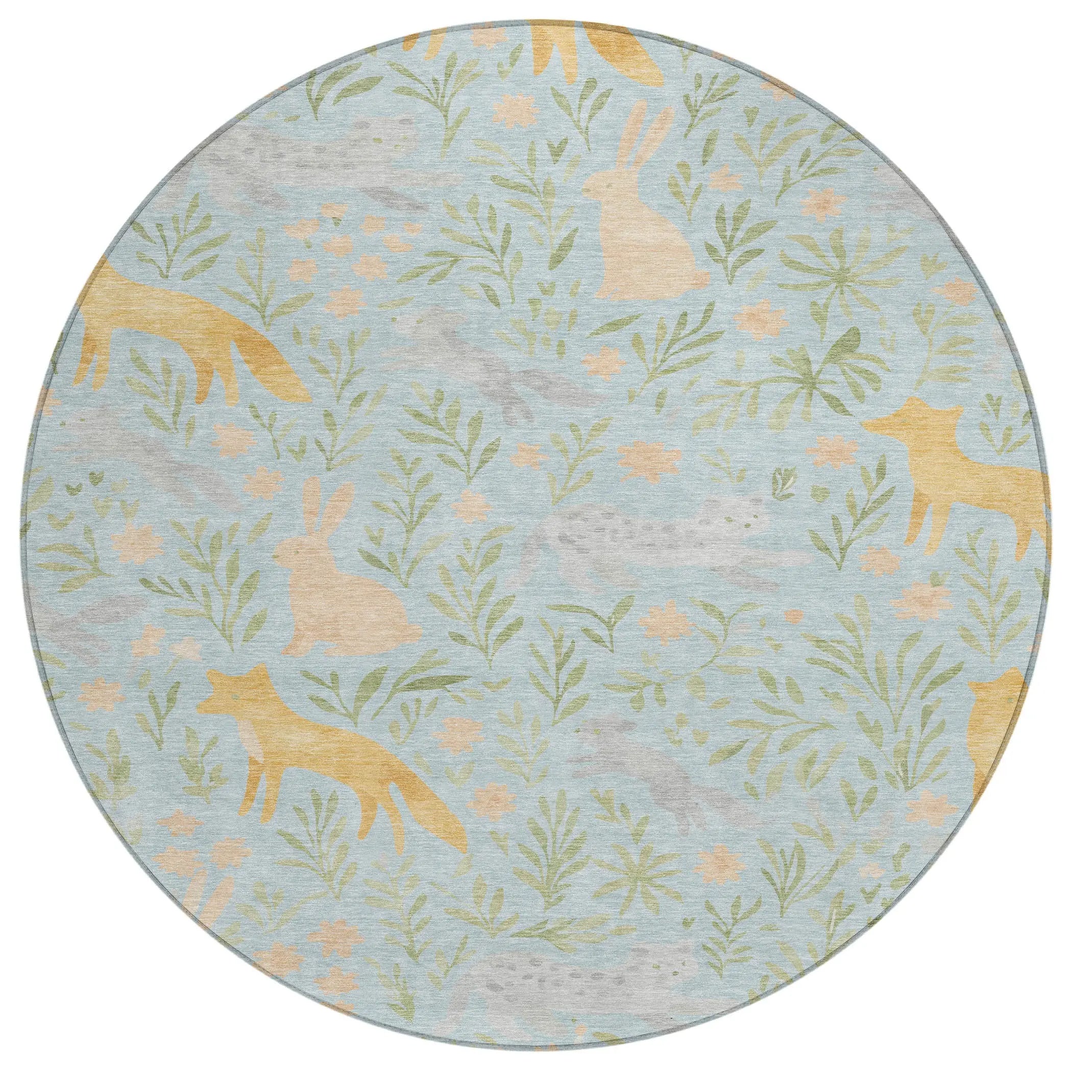8' Sky Blue And Green Round Botanical Leaves Washable Indoor Outdoor Area Rug Homeroots Outdoor