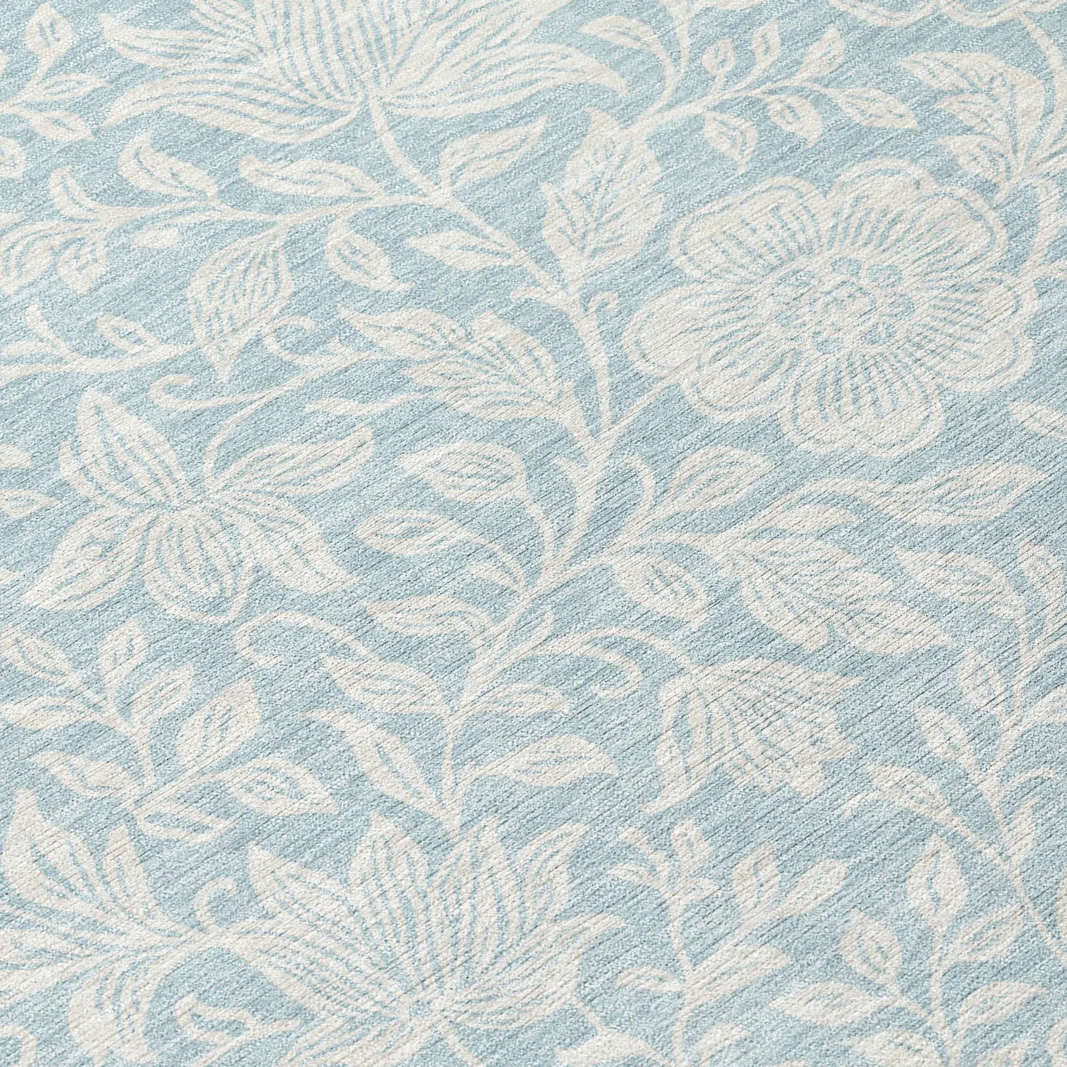 Light blue floral patterned area rug with cream-colored motifs, perfect for enhancing any living space decor.