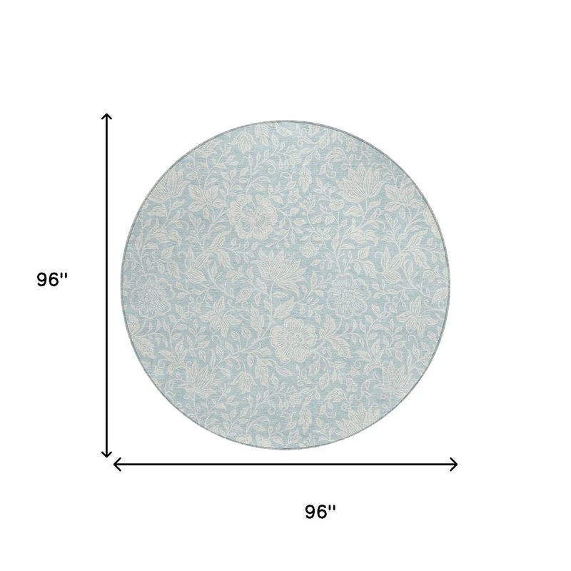 8' Sky Blue And Ivory Round Floral Washable Indoor Outdoor Area Rug Homeroots Outdoor