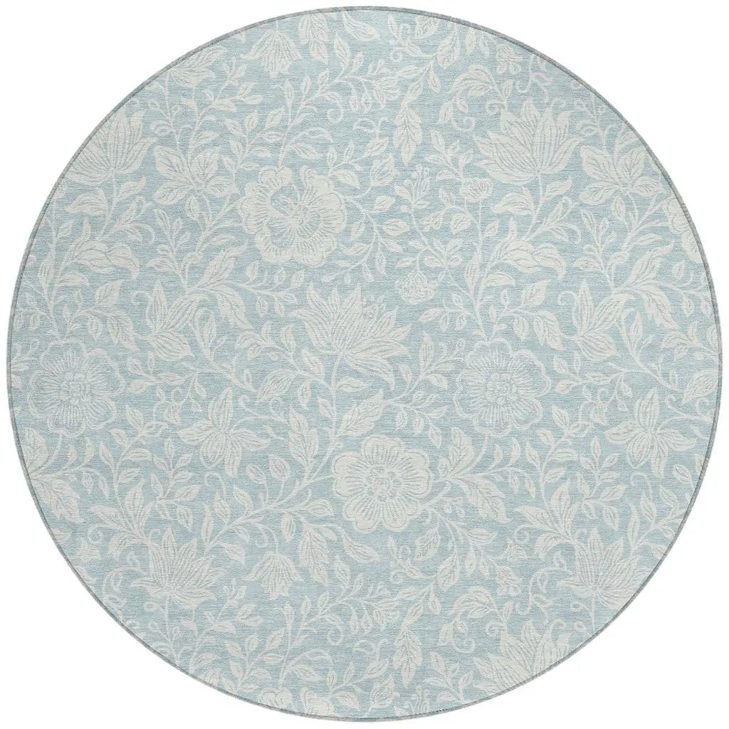 8' Sky Blue And Ivory Round Floral Washable Indoor Outdoor Area Rug Homeroots Outdoor
