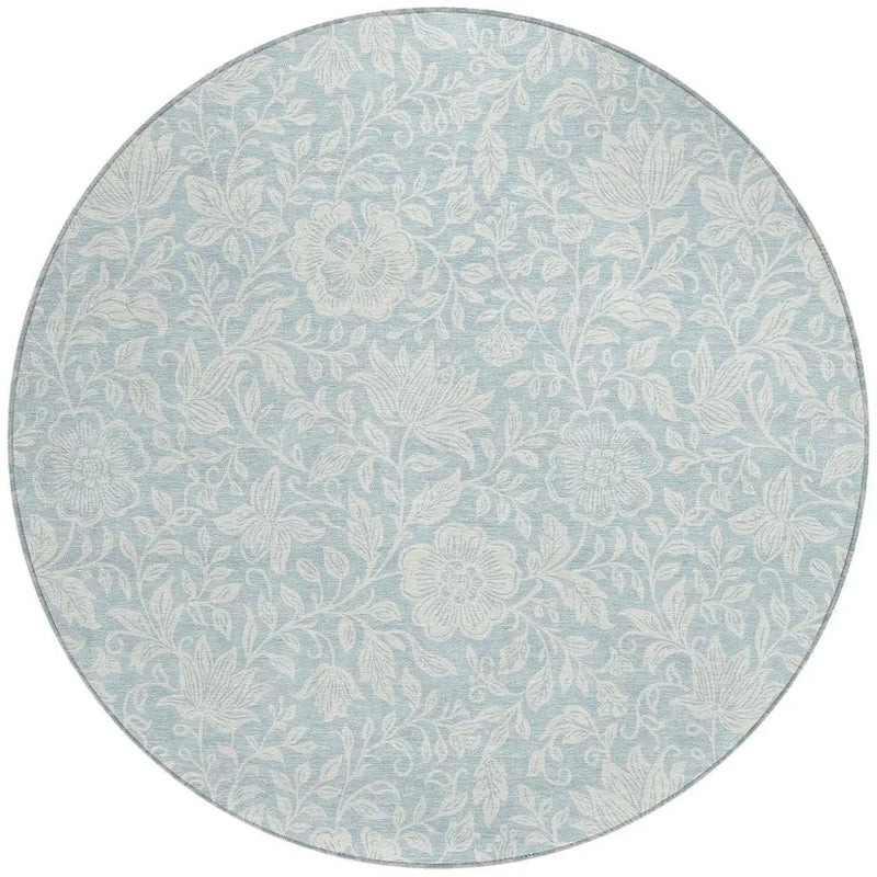 8' Sky Blue And Ivory Round Floral Washable Indoor Outdoor Area Rug Homeroots Outdoor