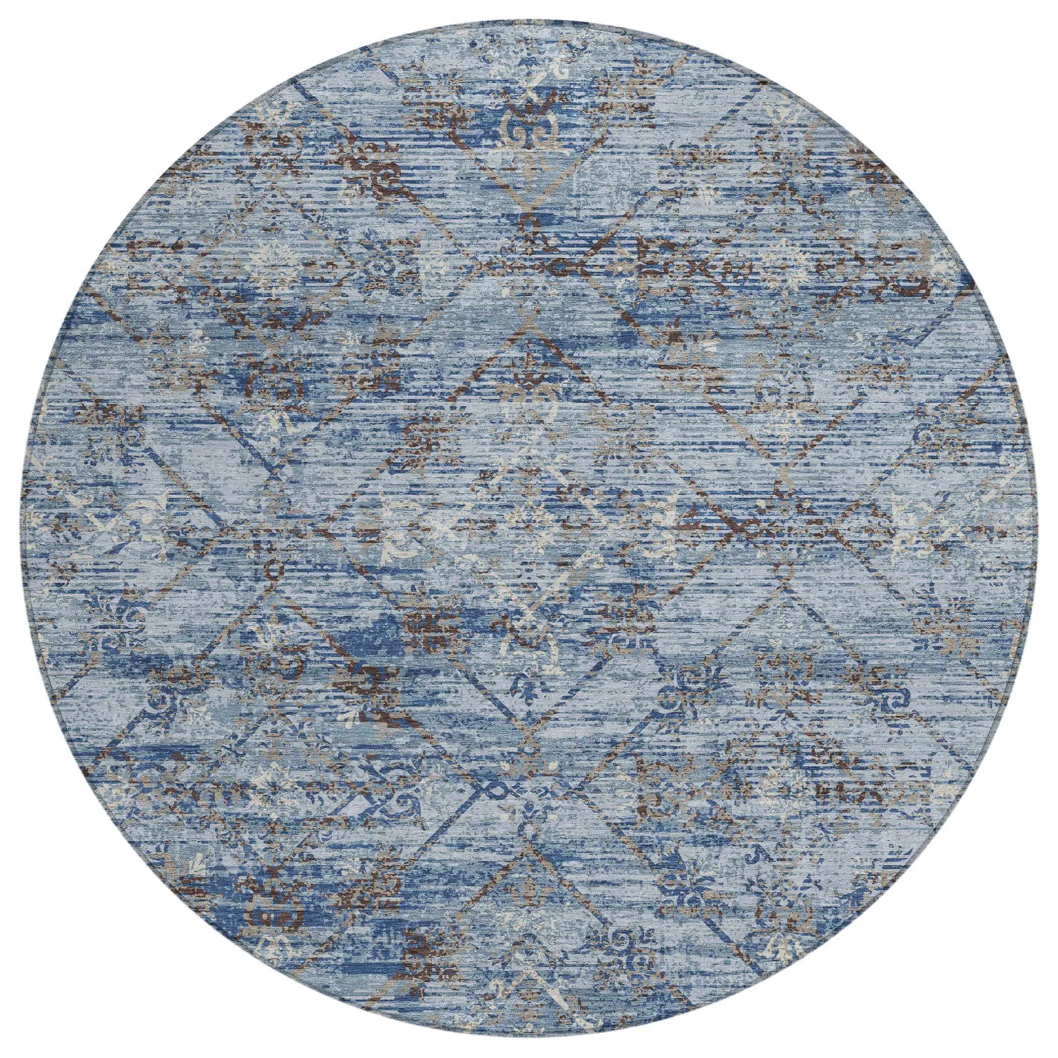 8' Sky Blue And Ivory Round Geometric Washable Indoor Outdoor Area Rug Homeroots Outdoor