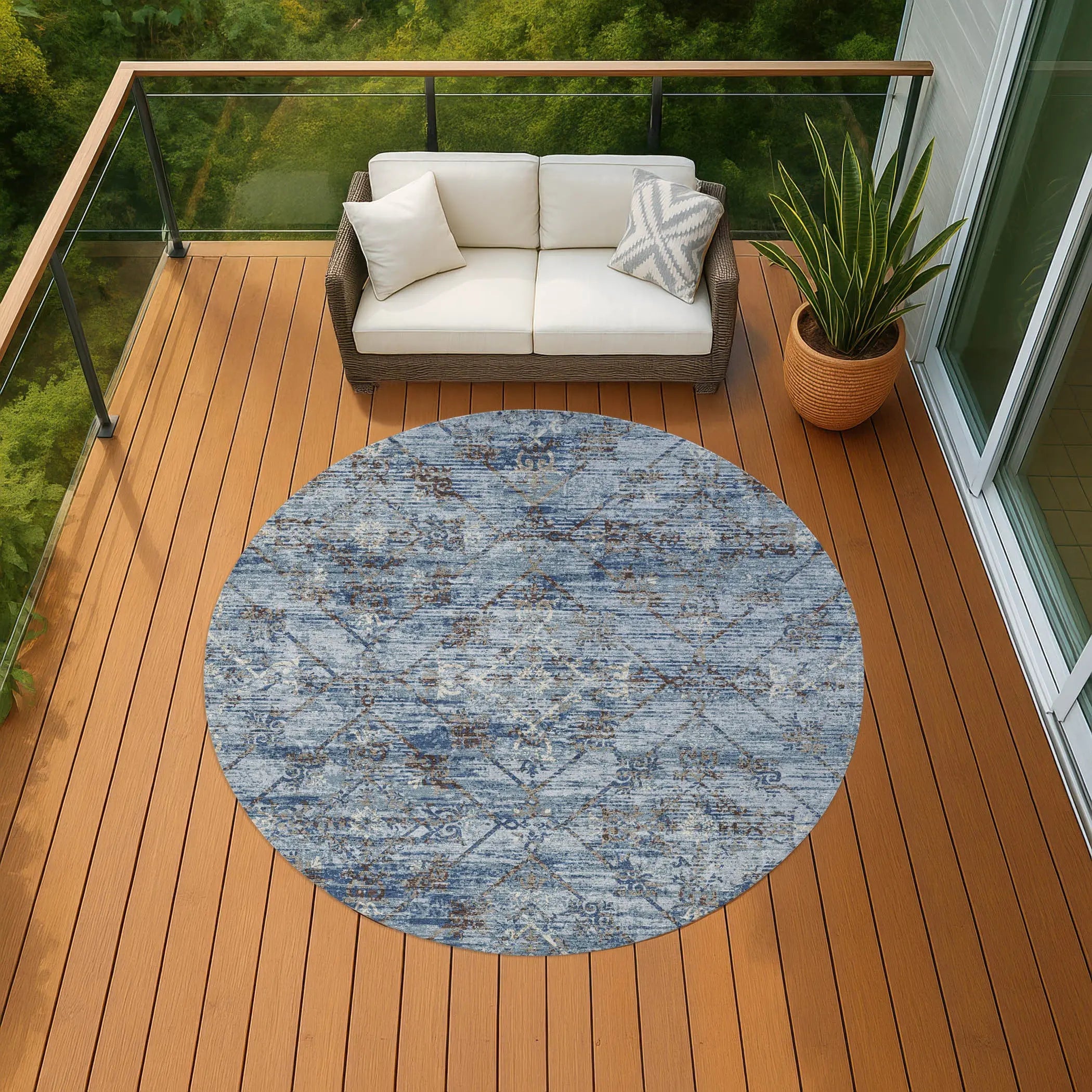 8' Sky Blue And Ivory Round Geometric Washable Indoor Outdoor Area Rug Homeroots Outdoor