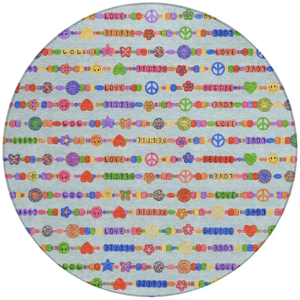 8' Sky Blue And Ivory Round Geometric Washable Indoor Outdoor Area Rug Homeroots Outdoor