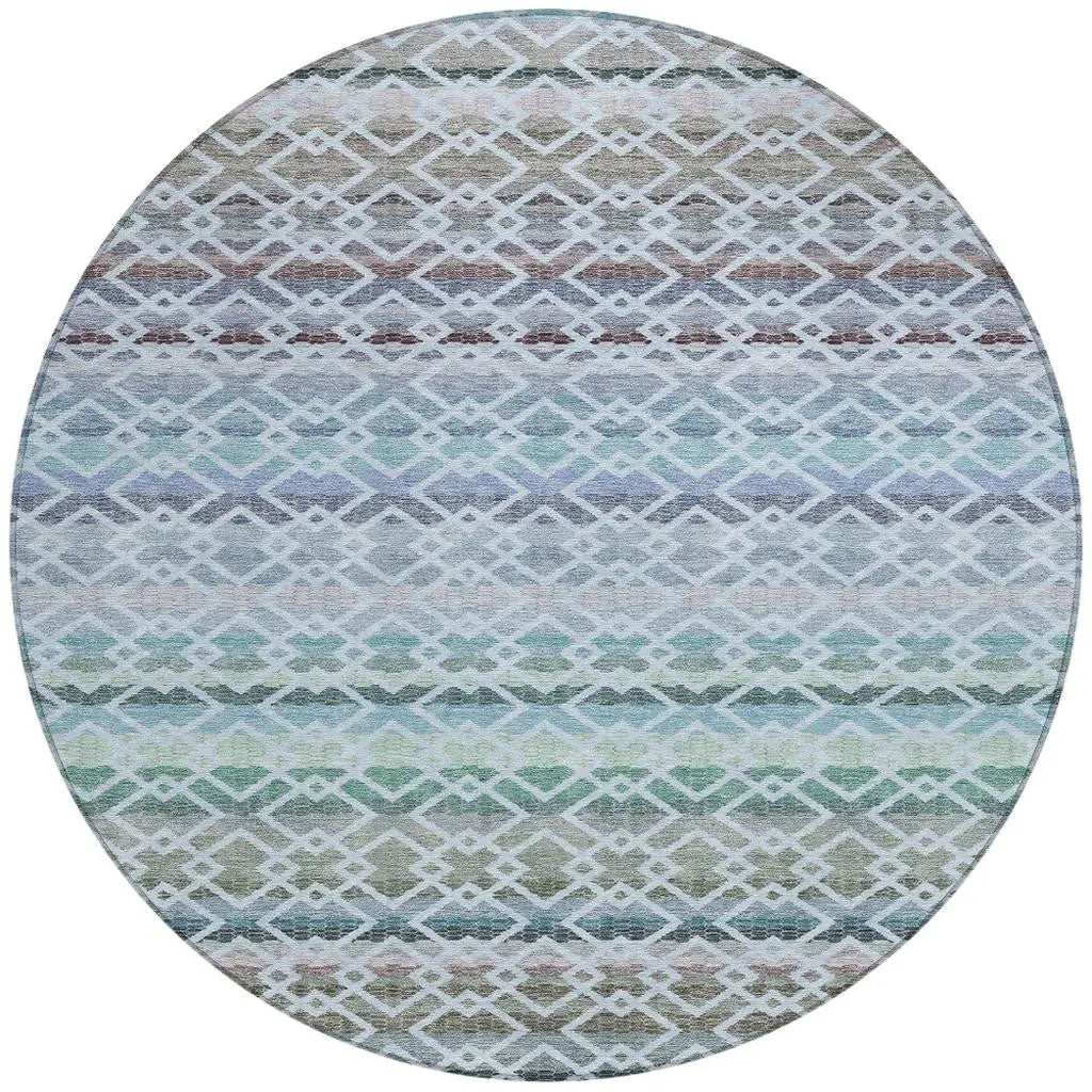 8' Sky Blue And Ivory Round Striped Washable Indoor Outdoor Area Rug Homeroots Outdoor