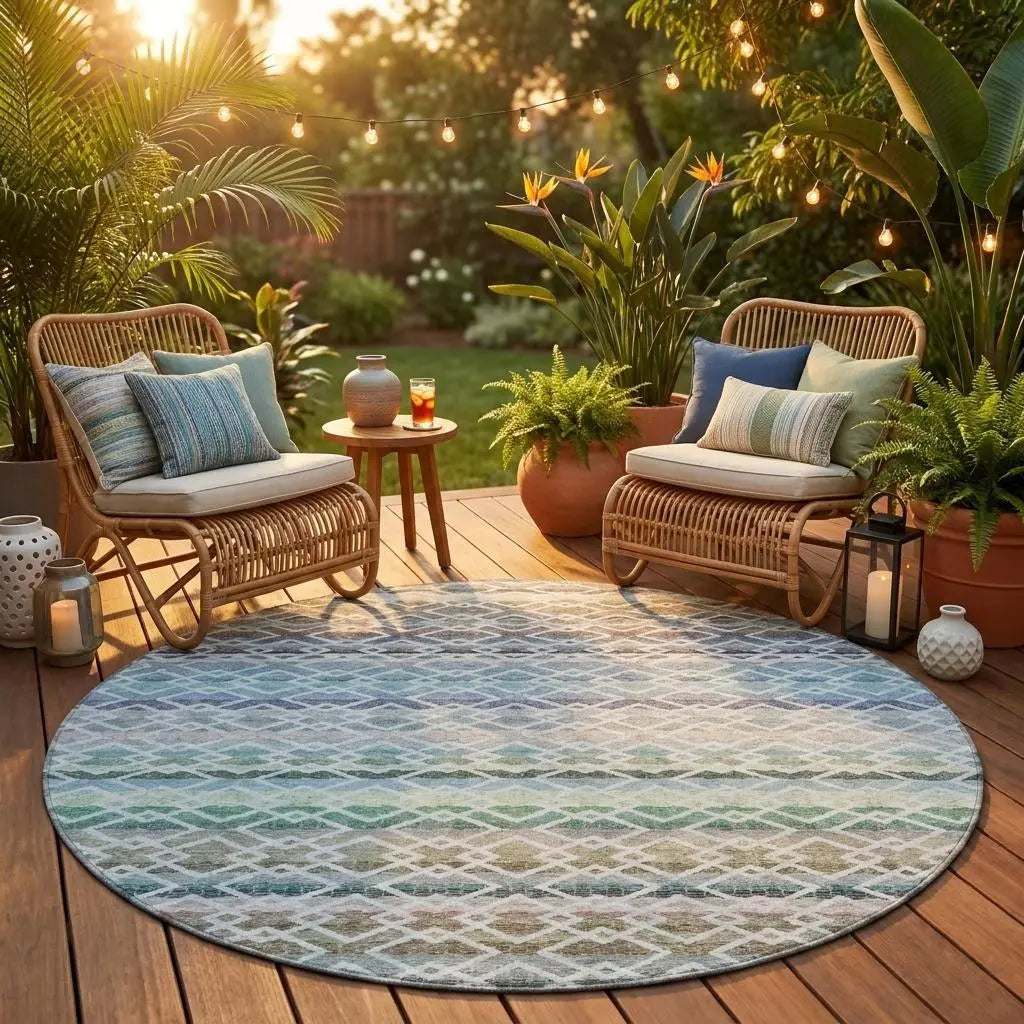 8' Sky Blue And Ivory Round Striped Washable Indoor Outdoor Area Rug Homeroots Outdoor