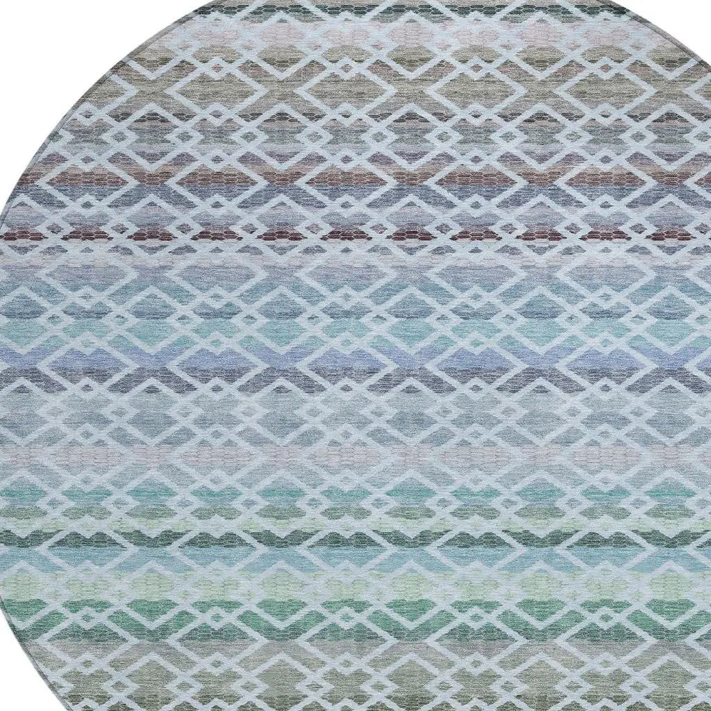 8' Sky Blue And Ivory Round Striped Washable Indoor Outdoor Area Rug Homeroots Outdoor