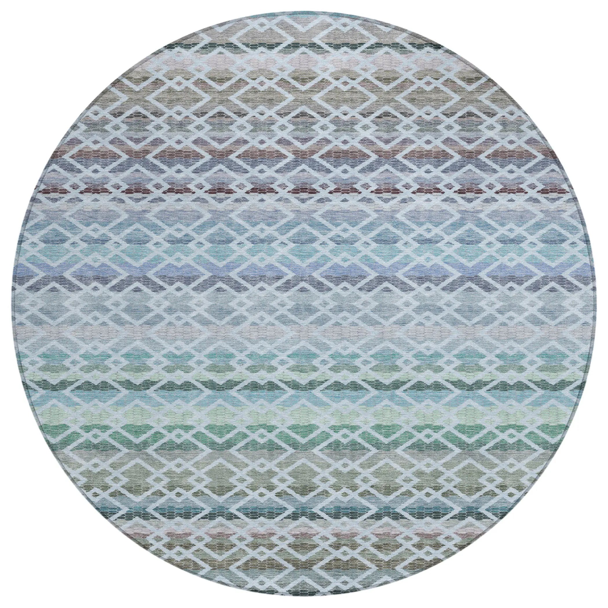 8' Sky Blue And Ivory Round Striped Washable Indoor Outdoor Area Rug Homeroots Outdoor