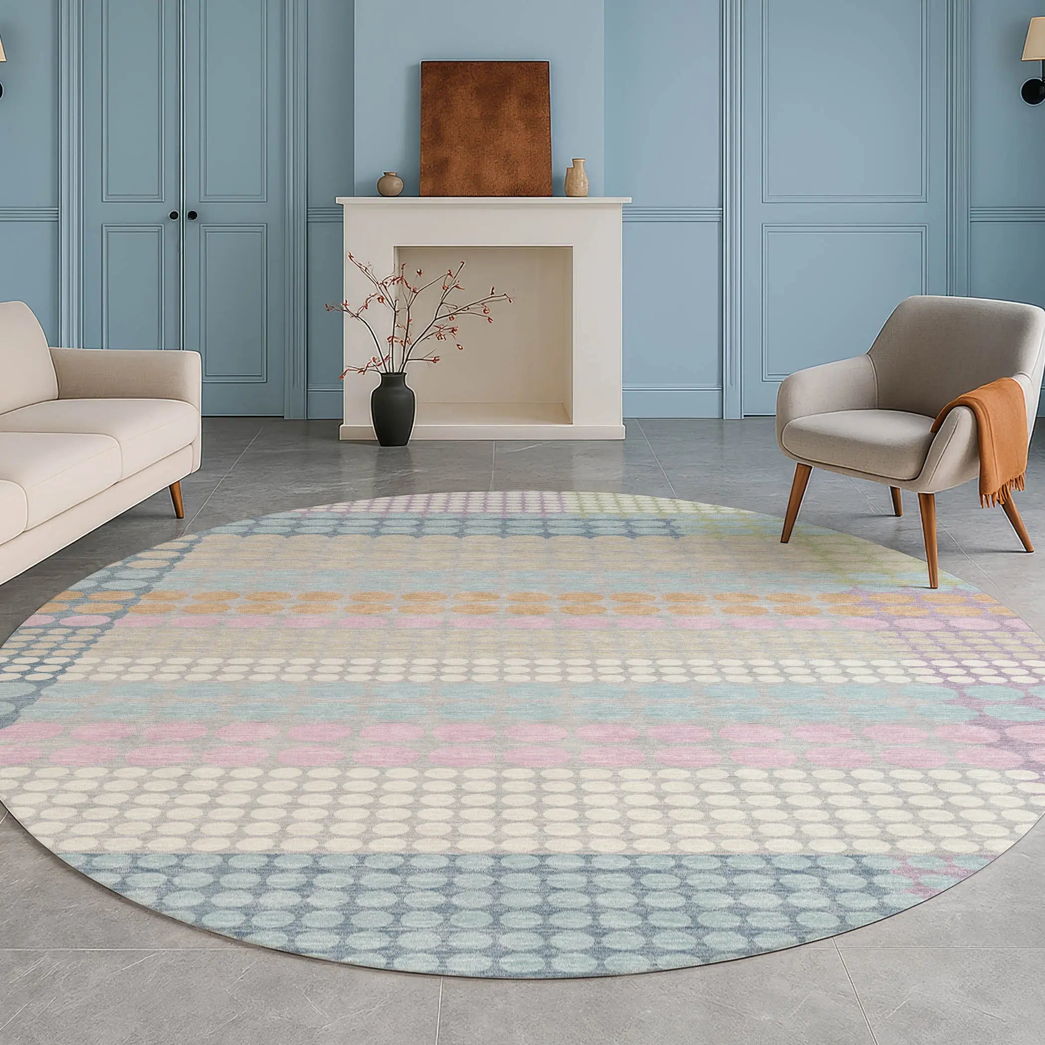 8' Sky Blue And Lavender Round Geometric Washable Indoor Outdoor Area Rug Homeroots Outdoor