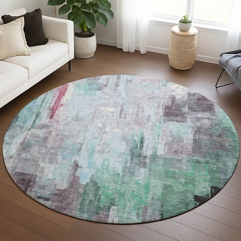 8' Sky Blue And Mauve Round Abstract Washable Indoor Outdoor Area Rug Homeroots Outdoor
