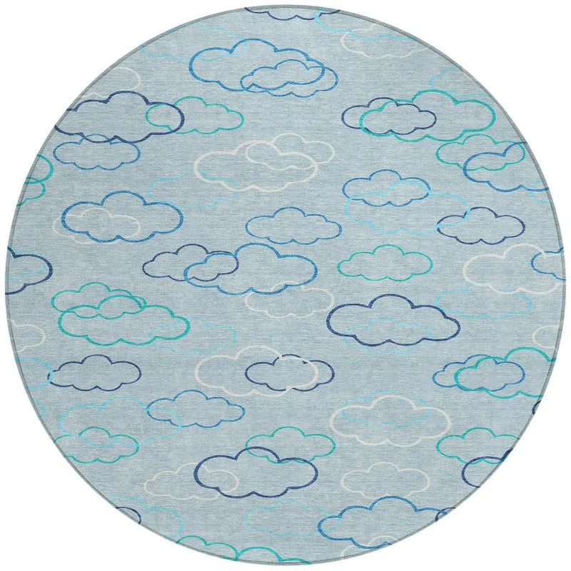 8' Sky Blue And Navy Blue Round Abstract Washable Indoor Outdoor Area Rug Homeroots Outdoor