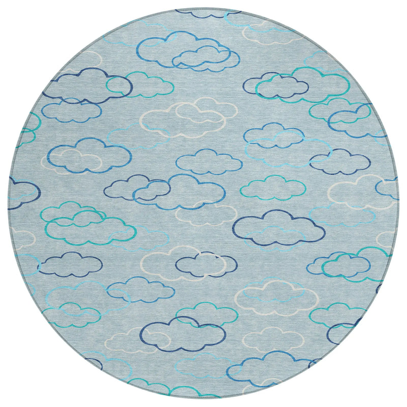 8' Sky Blue And Navy Blue Round Abstract Washable Indoor Outdoor Area Rug Homeroots Outdoor