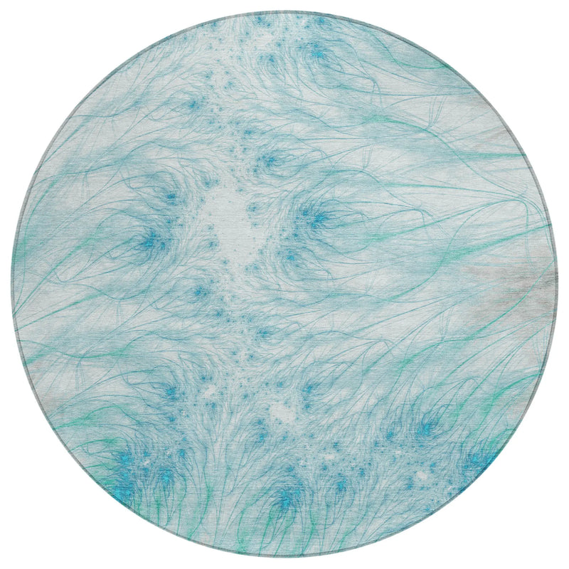 8' Sky Blue And Teal Blue Round Oriental Washable Indoor Outdoor Area Rug Homeroots Outdoor