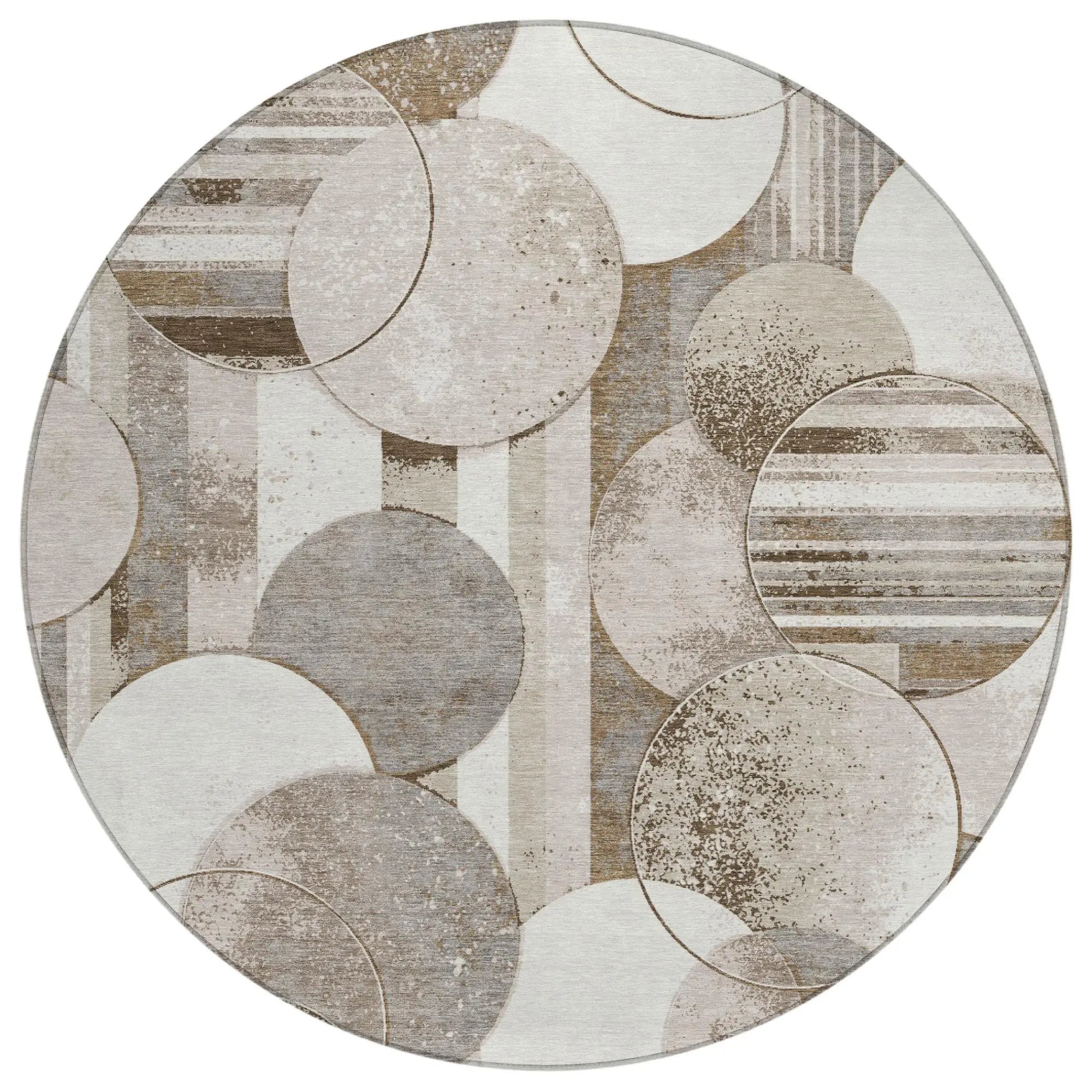 8' Tan And Brown Round Geometric Washable Indoor Outdoor Area Rug Homeroots Outdoor