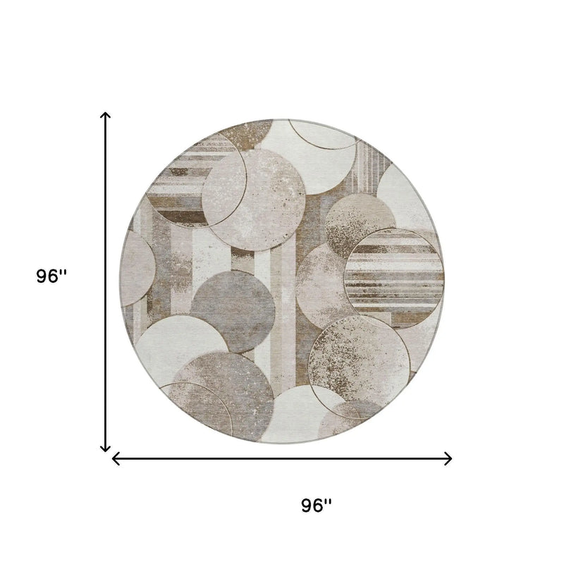 8' Tan And Brown Round Geometric Washable Indoor Outdoor Area Rug Homeroots Outdoor