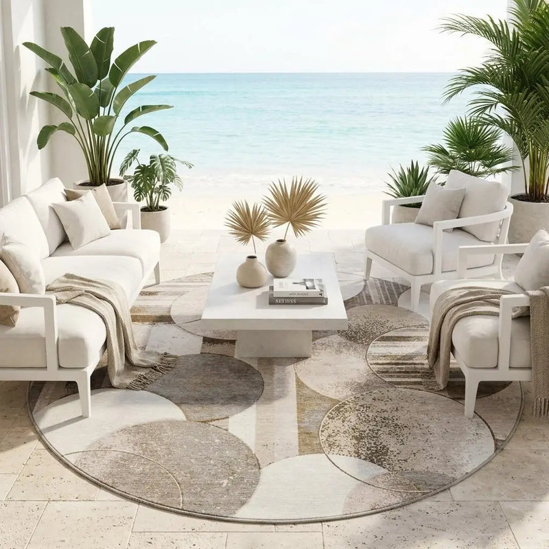8' Tan And Brown Round Geometric Washable Indoor Outdoor Area Rug Homeroots Outdoor