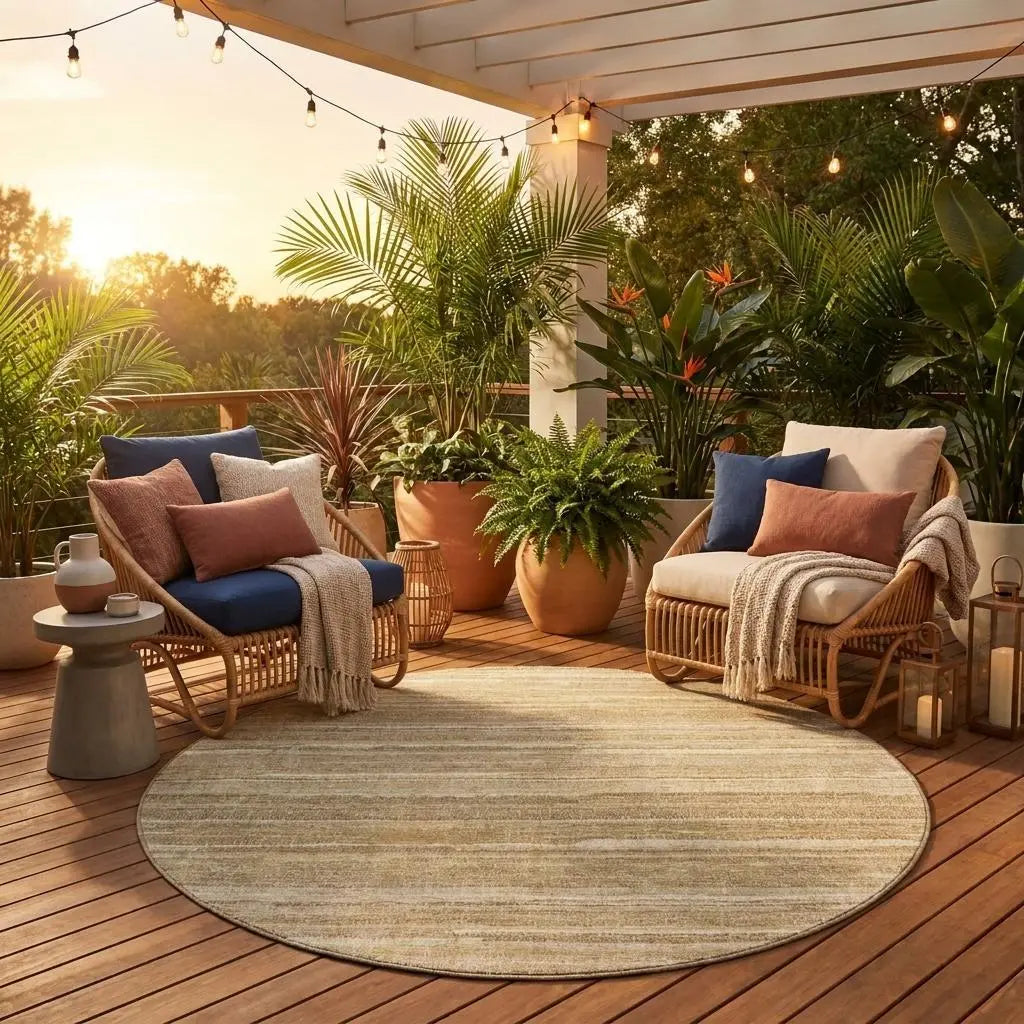 8' Tan And Brown Round Striped Washable Indoor Outdoor Area Rug Homeroots Outdoor