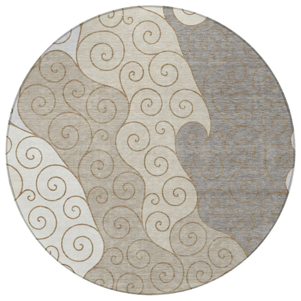 8' Taupe And Beige Round Abstract Washable Indoor Outdoor Area Rug Homeroots Outdoor